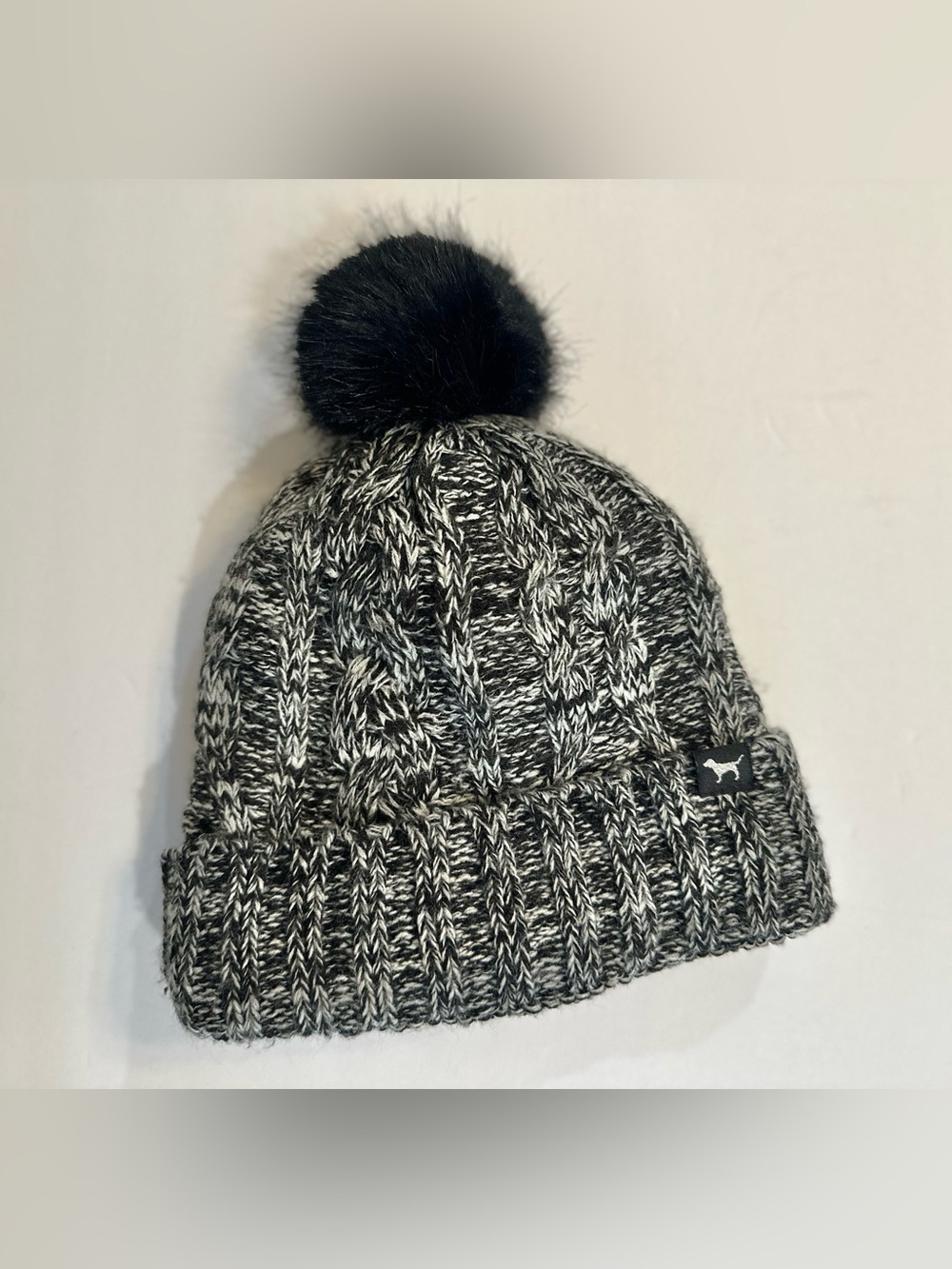 PINK Victoria's Secret Black & White Marled Pom Beanie